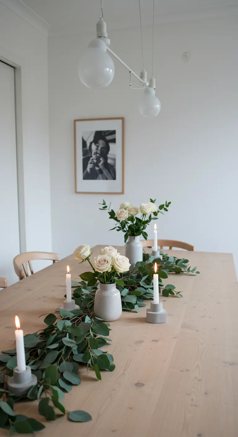 Chemin de table en eucalyptus avec des roses blanches et des bougies sur une table.