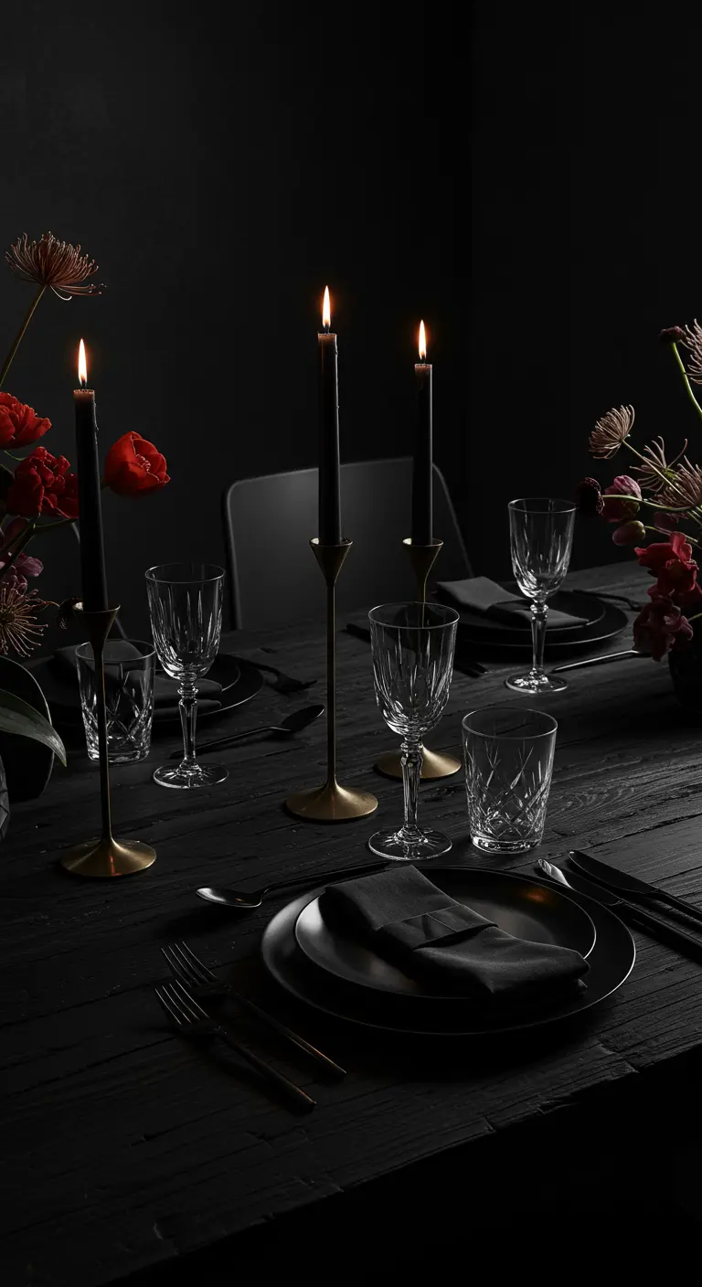 Table de fête noire avec vaisselle noire, chandeliers en laiton et verres en cristal.