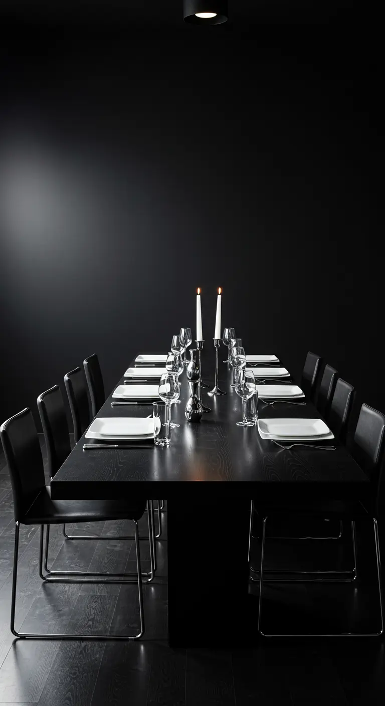 Longue table de dîner noire dans une pièce sombre, éclairée par deux bougies centrales.
