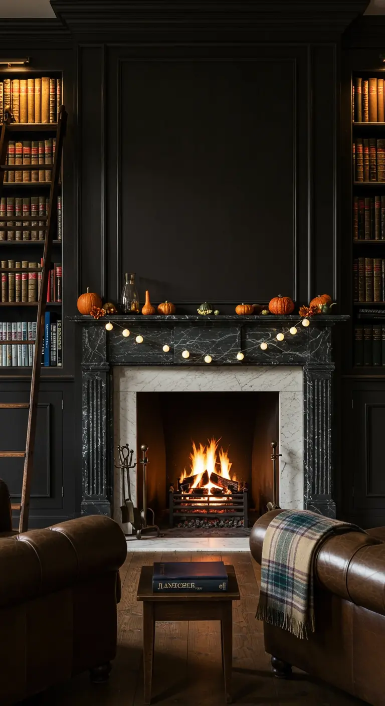 Bibliothèque sombre avec cheminée, guirlande lumineuse et petites courges