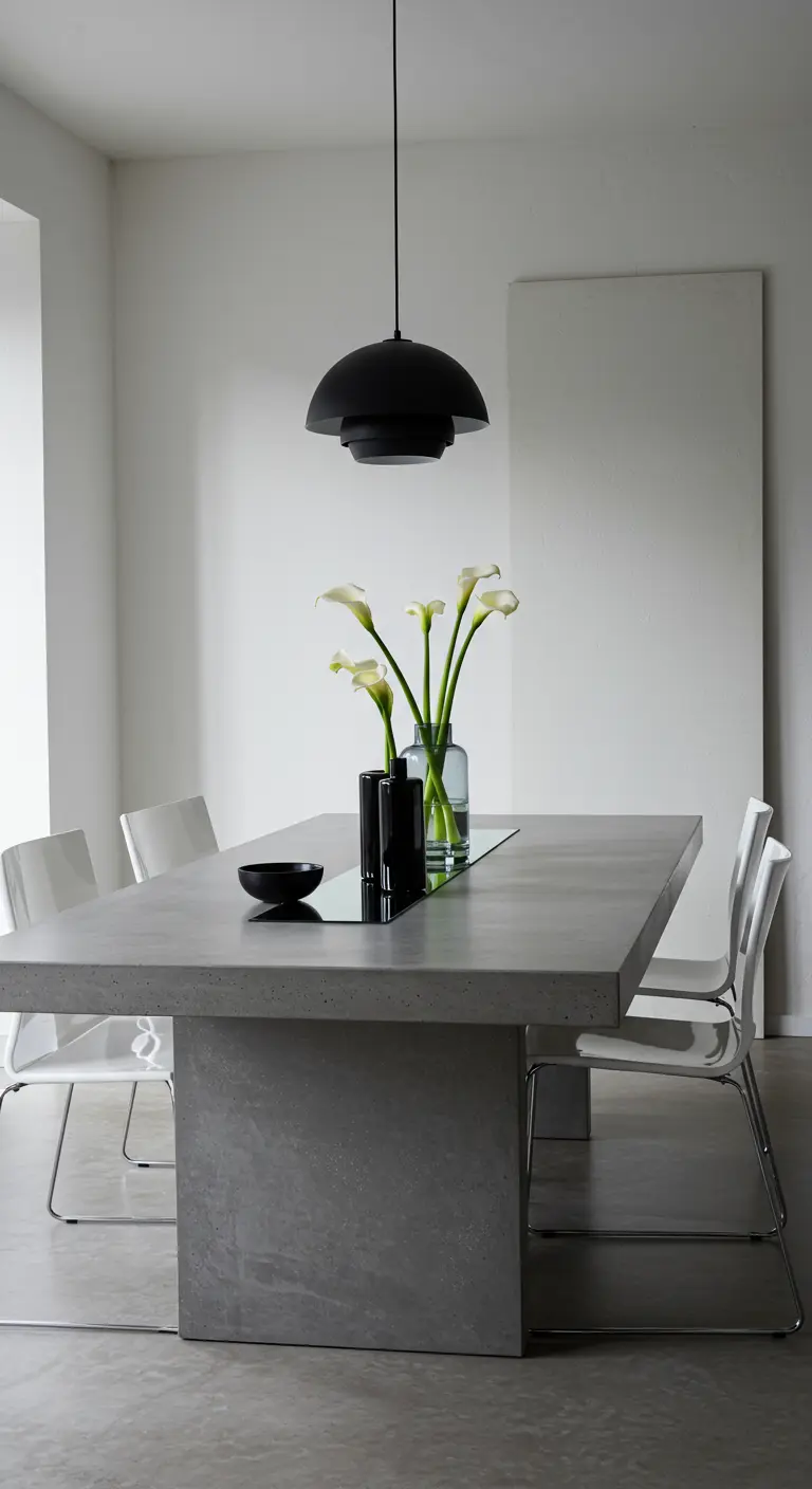 Table en béton minimaliste avec des fleurs d'arum dans des vases noirs.