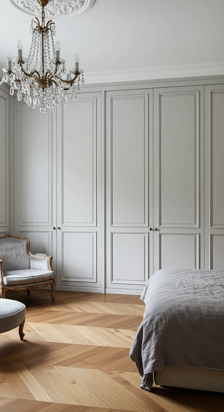 Grand dressing intégré gris clair avec des portes à moulures de style haussmannien.