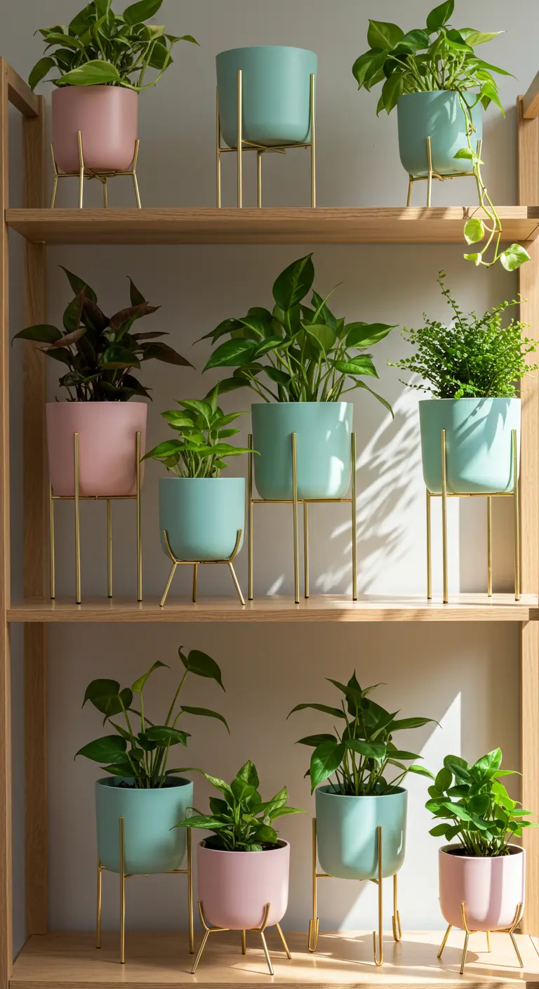 Mur végétal avec des pots pastel et des pieds dorés, remplis de plantes d'intérieur