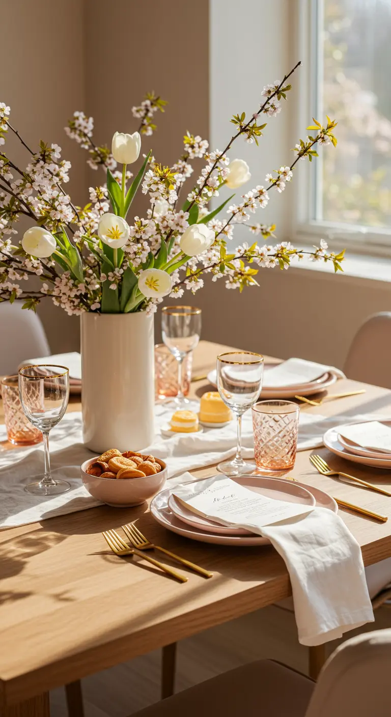 Table printanière en bois clair avec fleurs blanches, vaisselle rose et couverts dorés.