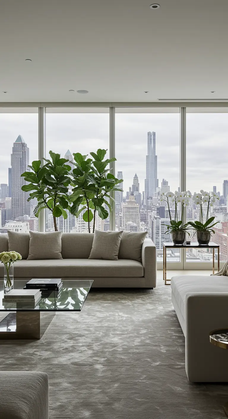 Salon d'appartement avec vue sur la ville, canapé beige et orchidées.