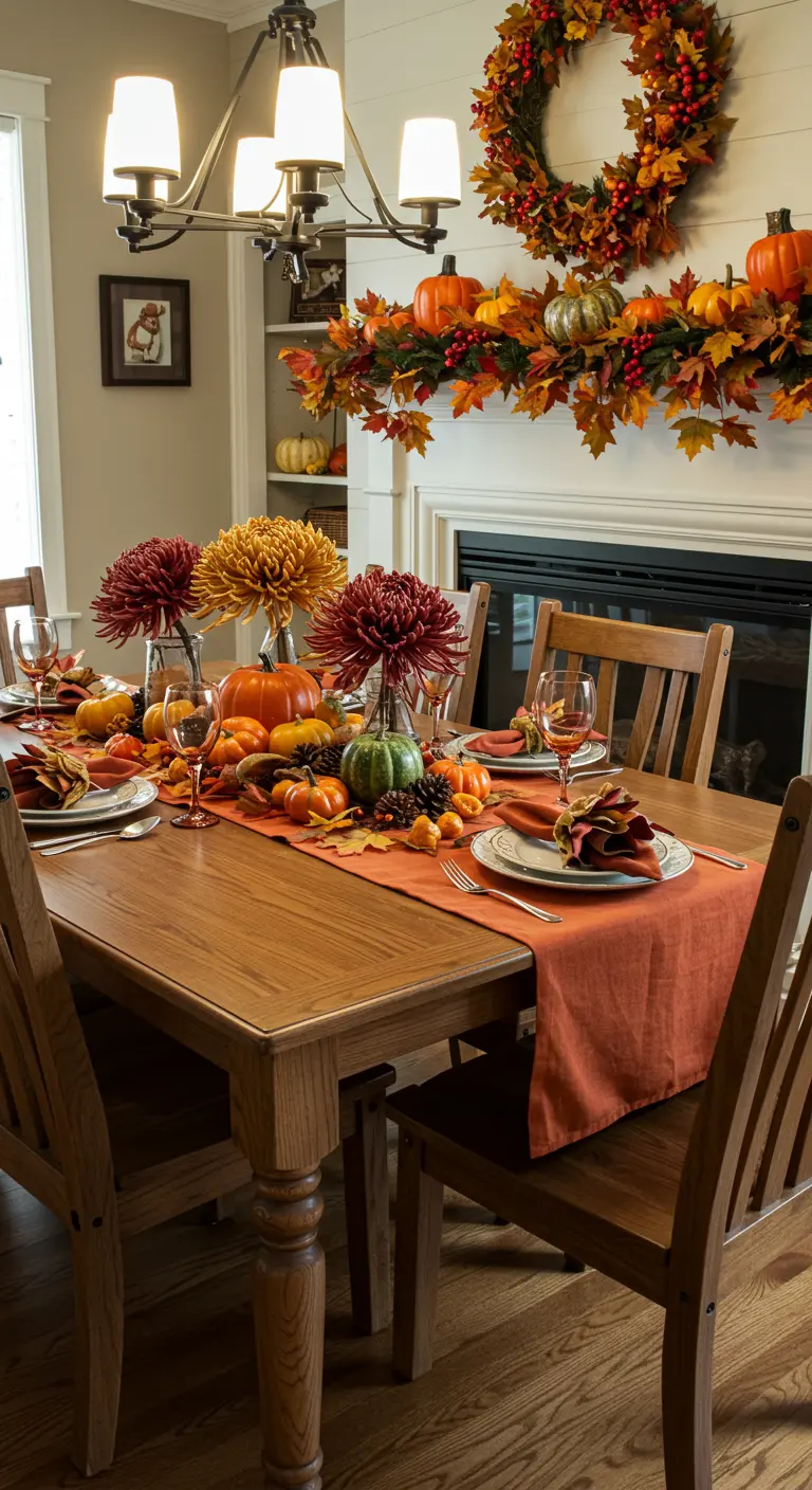 Table de salle à manger automnale avec des chrysanthèmes et des serviettes assorties.