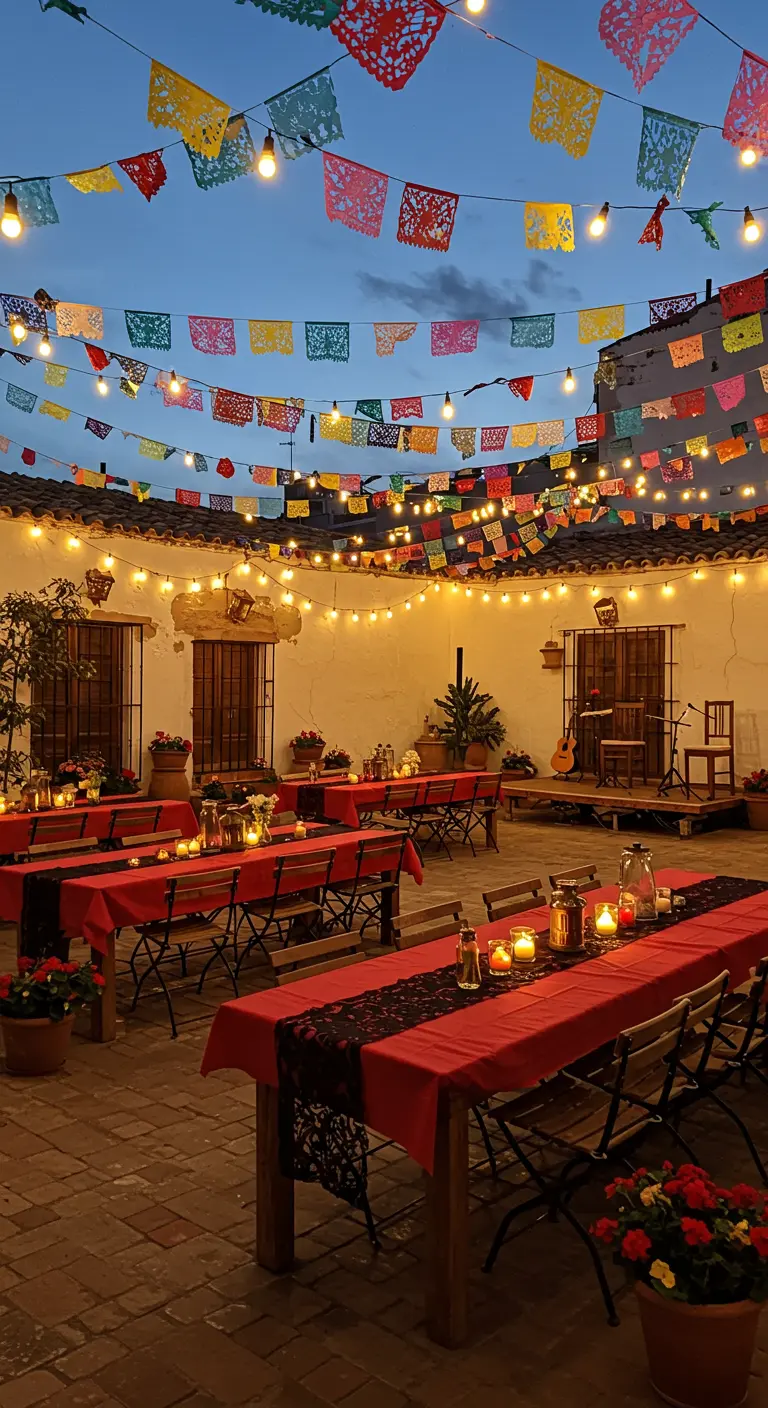 Cour intérieure décorée de guirlandes lumineuses et de papel picado pour une fête.