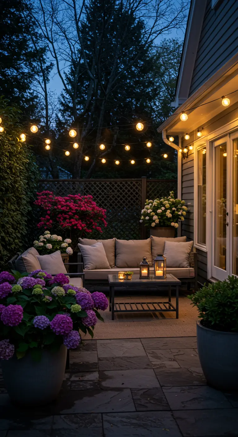 Guirlandes lumineuses suspendues au-dessus d'un salon de jardin sur une terrasse.