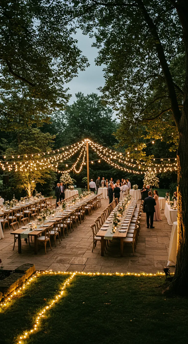 Grande réception de mariage en plein air avec des guirlandes lumineuses suspendues au-dessus des tables.