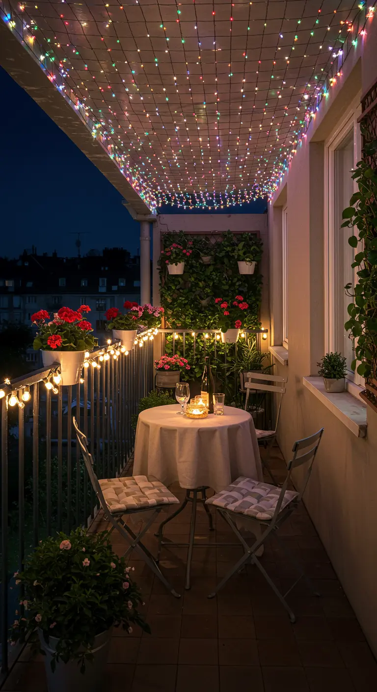 Balcon étroit avec un filet lumineux au plafond, créant une ambiance de ciel étoilé.