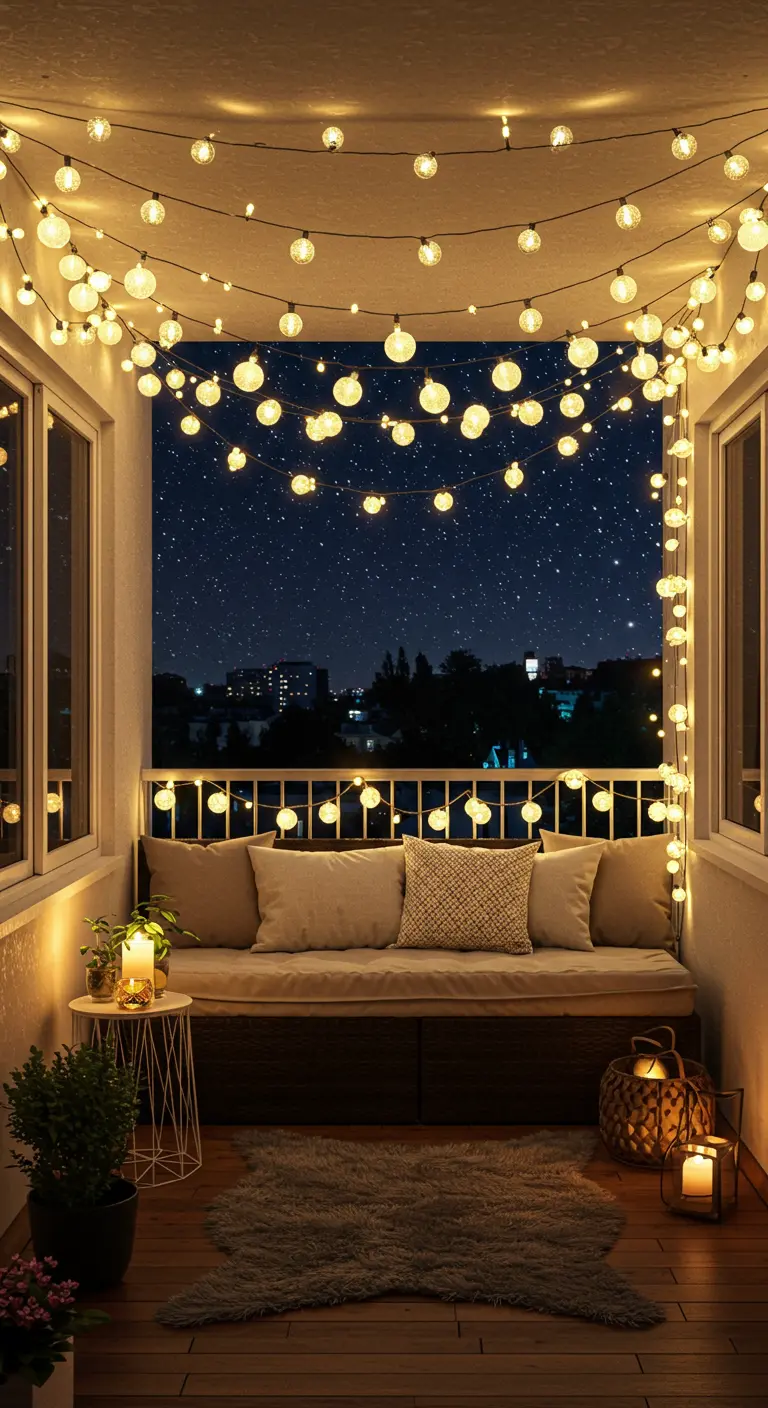 Balcon couvert d'un plafond de guirlandes lumineuses créant un effet de ciel étoilé.