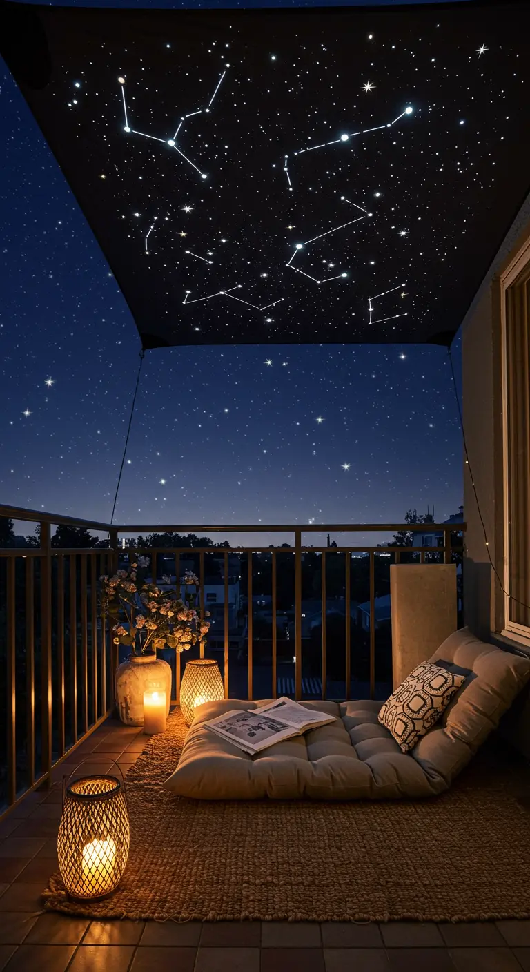 Balcon avec un auvent en tissu noir imprimé de constellations.