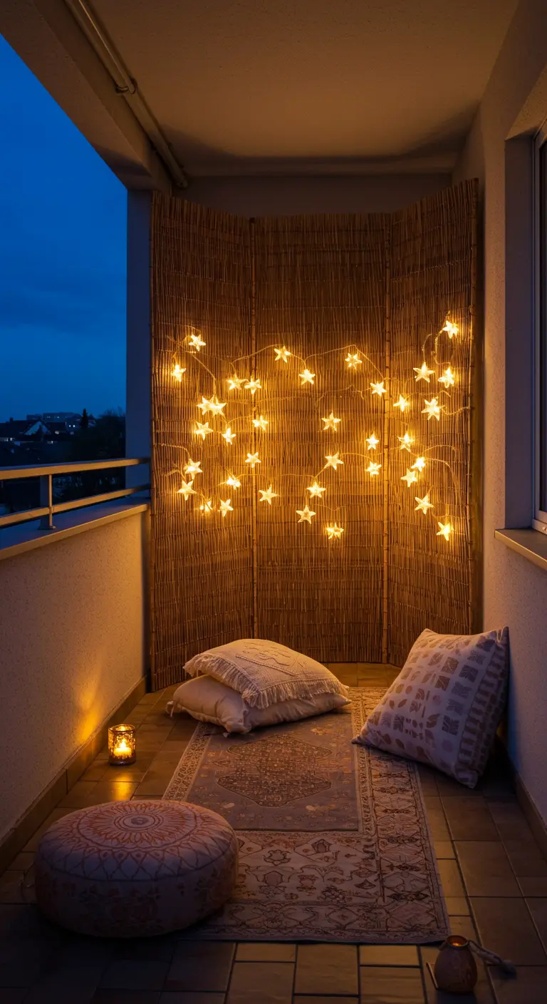 Une guirlande en forme d'étoiles accrochée sur un panneau de paille, au-dessus de coussins au sol.