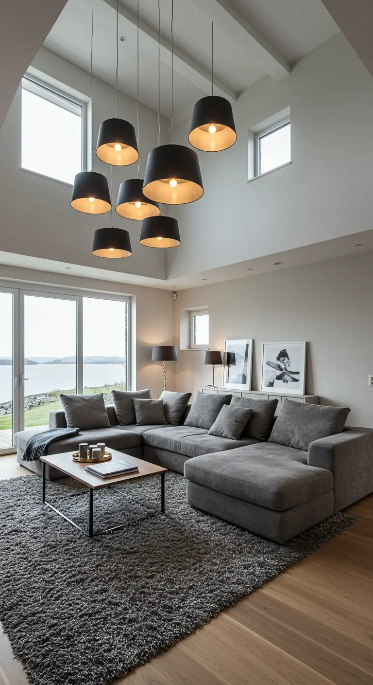 Salon scandinave avec haut plafond et grappe de suspensions noires.