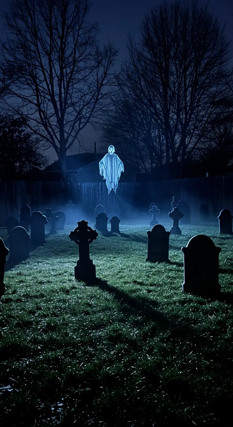 Fantôme lumineux flottant au-dessus de pierres tombales dans un cimetière brumeux.