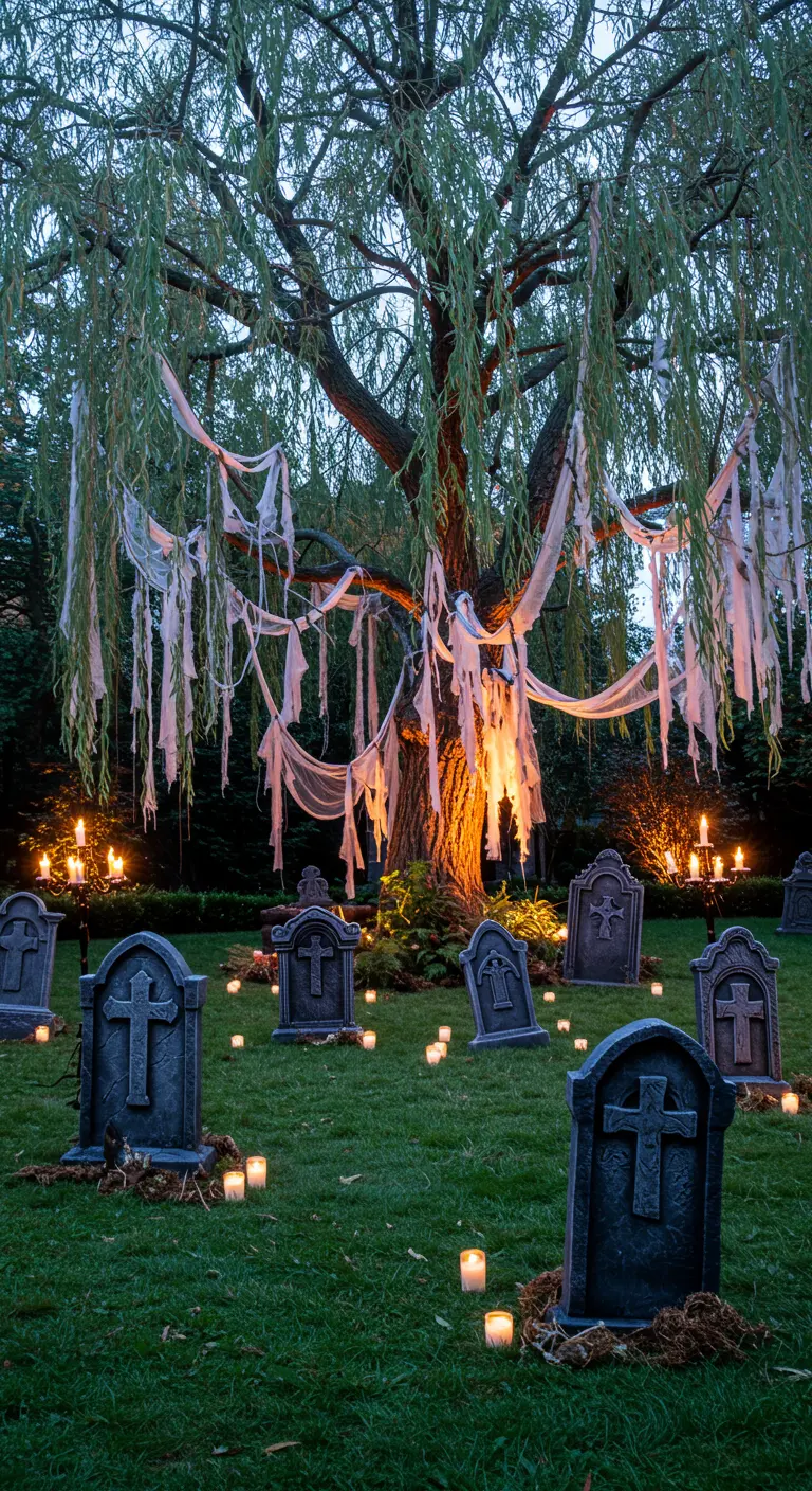 Jardin transformé en cimetière pour Halloween avec des pierres tombales et un saule pleureur.