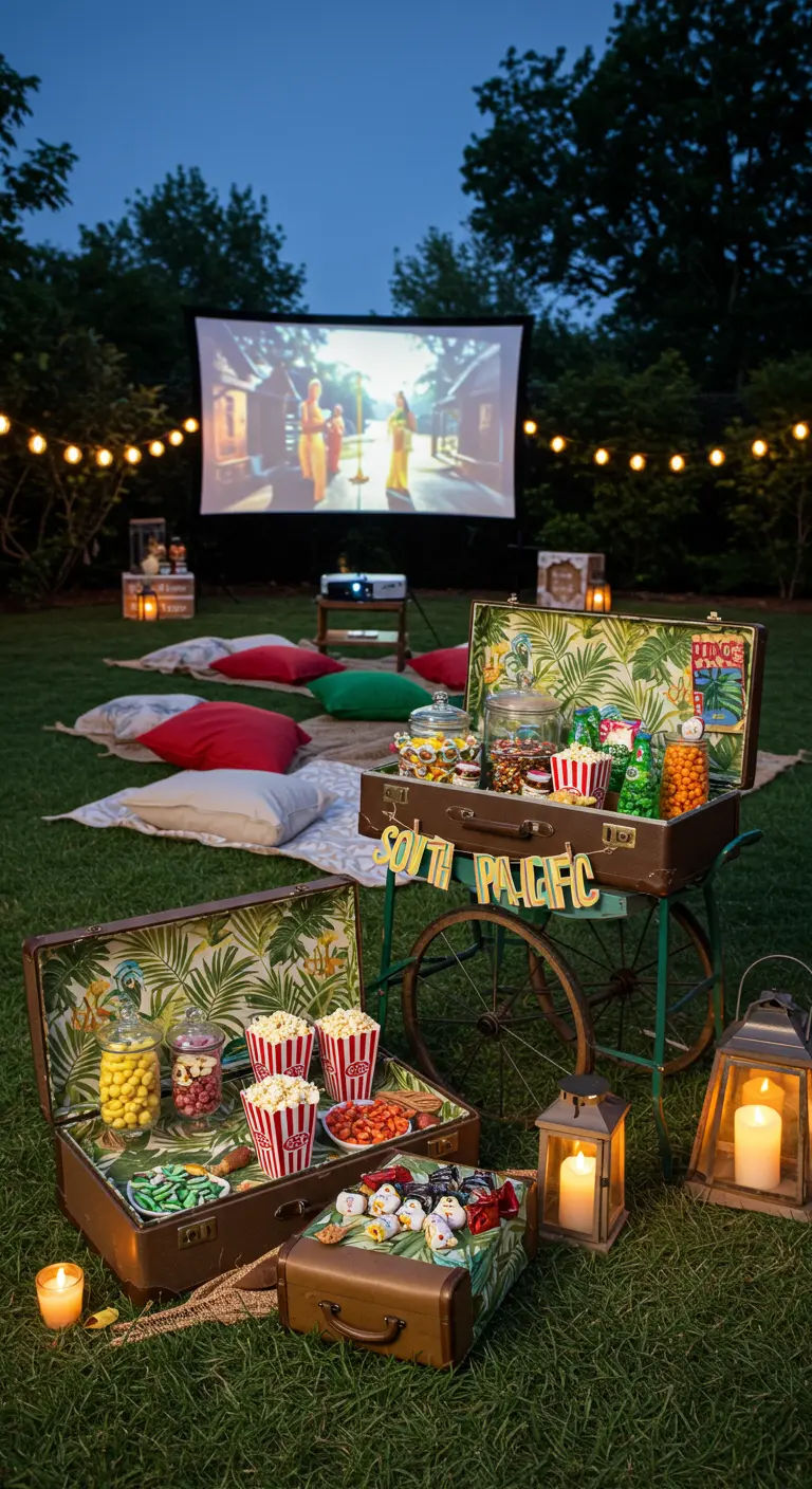 Projection de film en plein air avec un bar à bonbons dans des valises vintage.