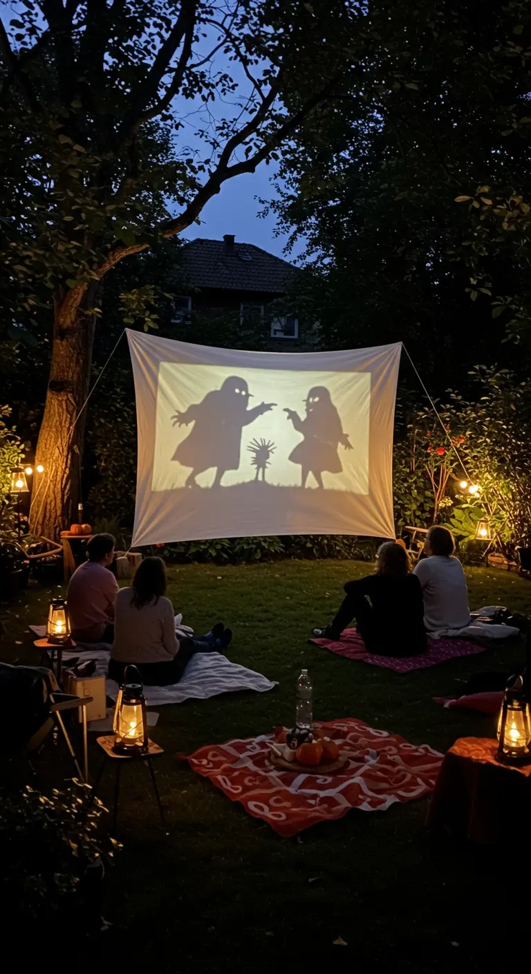 Personnes regardant un théâtre d'ombres projeté sur un drap dans un jardin la nuit.