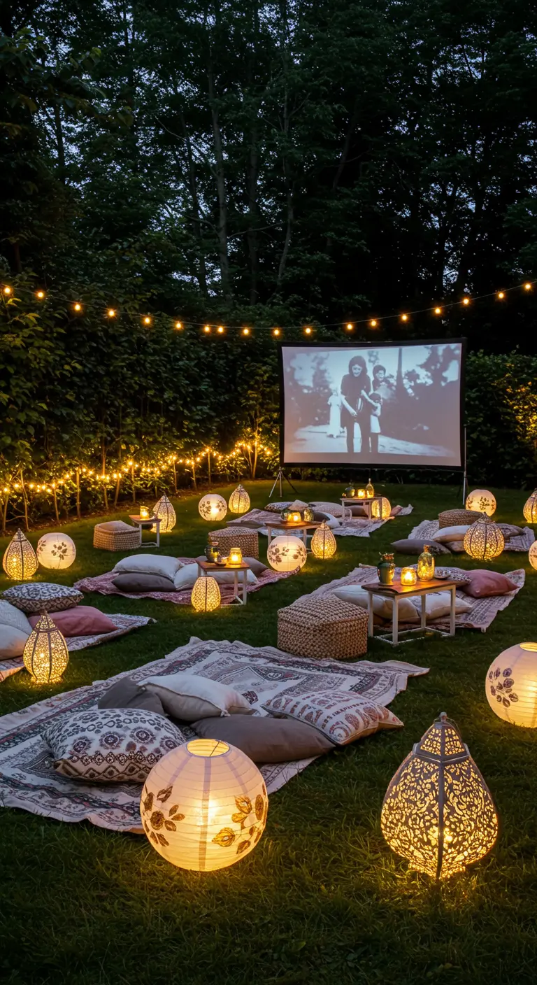 Cinéma en plein air dans un jardin avec projecteur, guirlandes lumineuses et lanternes au sol.