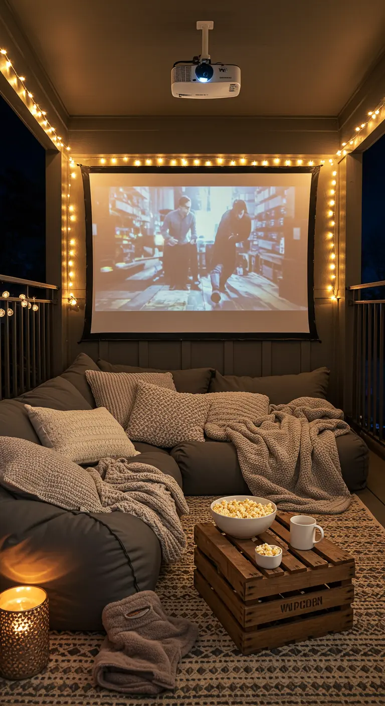 Soirée cinéma sur un balcon avec projecteur, coussins de sol et guirlandes.