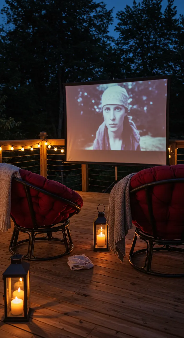 Deux fauteuils papasan rouges sur une terrasse en bois face à un écran de cinéma extérieur.