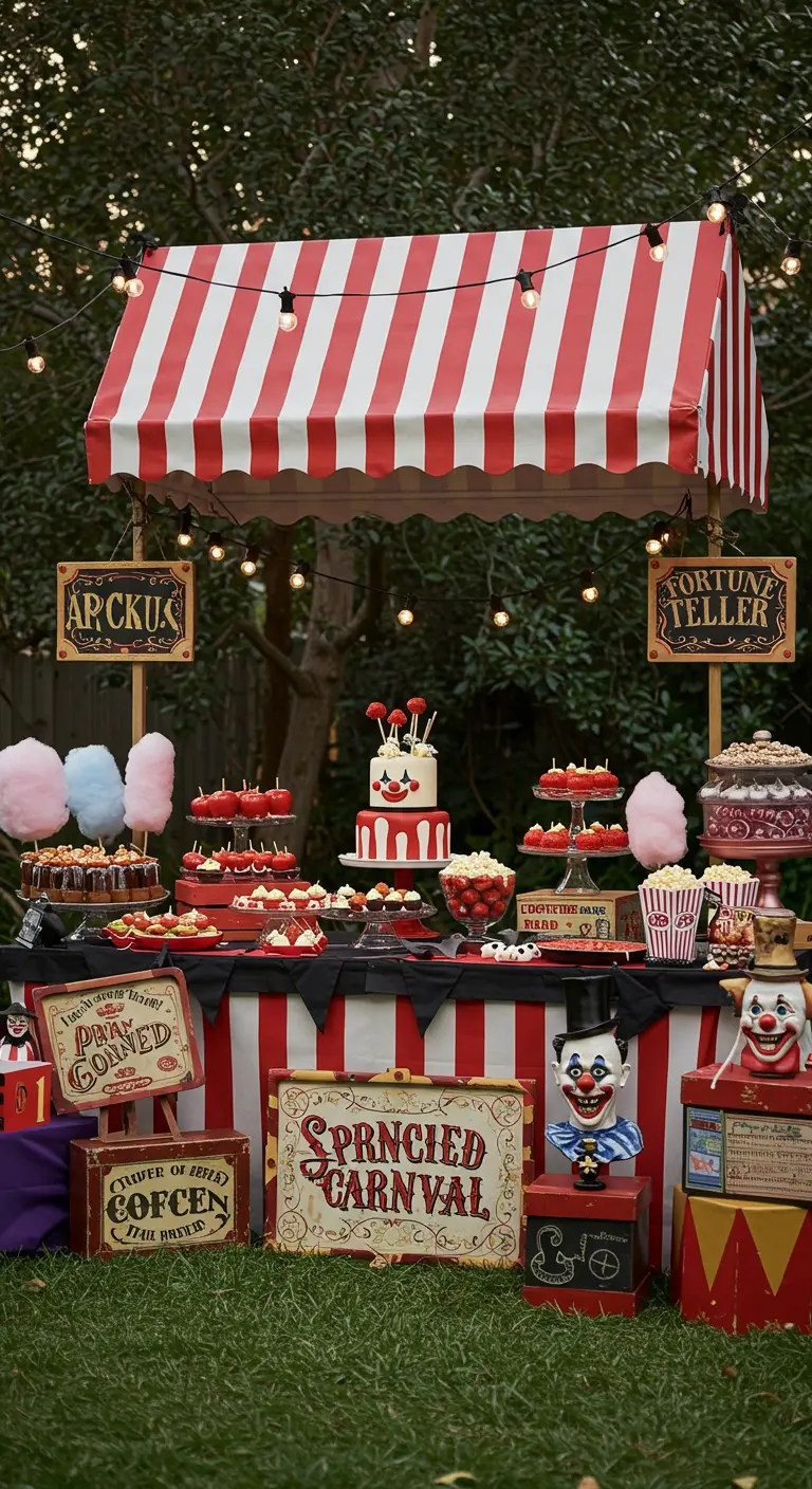 Buffet Halloween thème cirque vintage, tente rouge et blanc, barbes à papa, clowns.