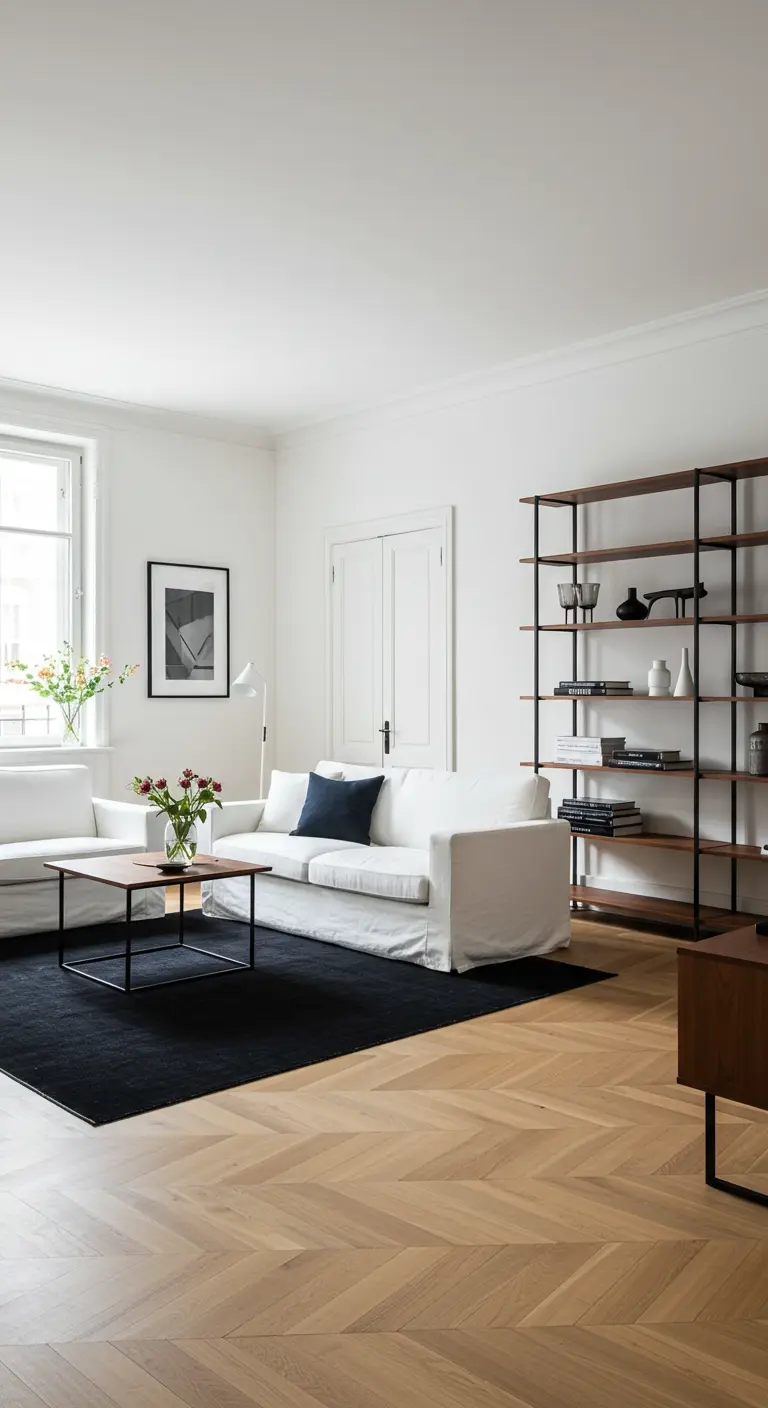 Salon lumineux avec parquet à chevrons, tapis noir, canapé blanc et bibliothèque ouverte.
