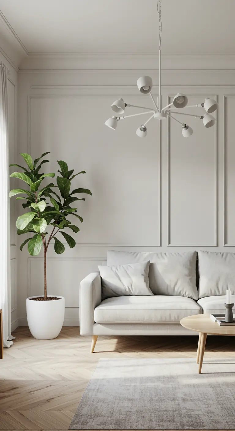 Salon classique avec moulures, canapé blanc, grande plante et lustre moderne blanc.