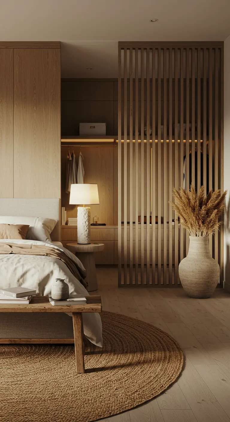 Chambre avec un claustra en bois séparant le lit du dressing ouvert.