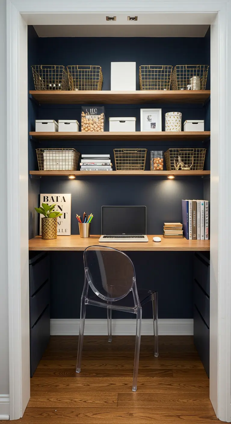 Bureau aménagé dans un placard peint en bleu nuit, avec étagères et paniers dorés.
