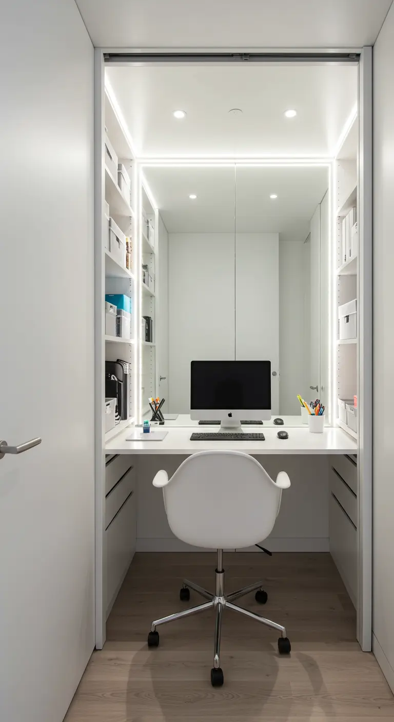 Bureau aménagé à l'intérieur d'un placard blanc avec des miroirs et un éclairage LED.