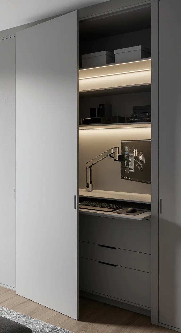 Bureau gris minimaliste avec éclairage LED intégré et bras pour écran.