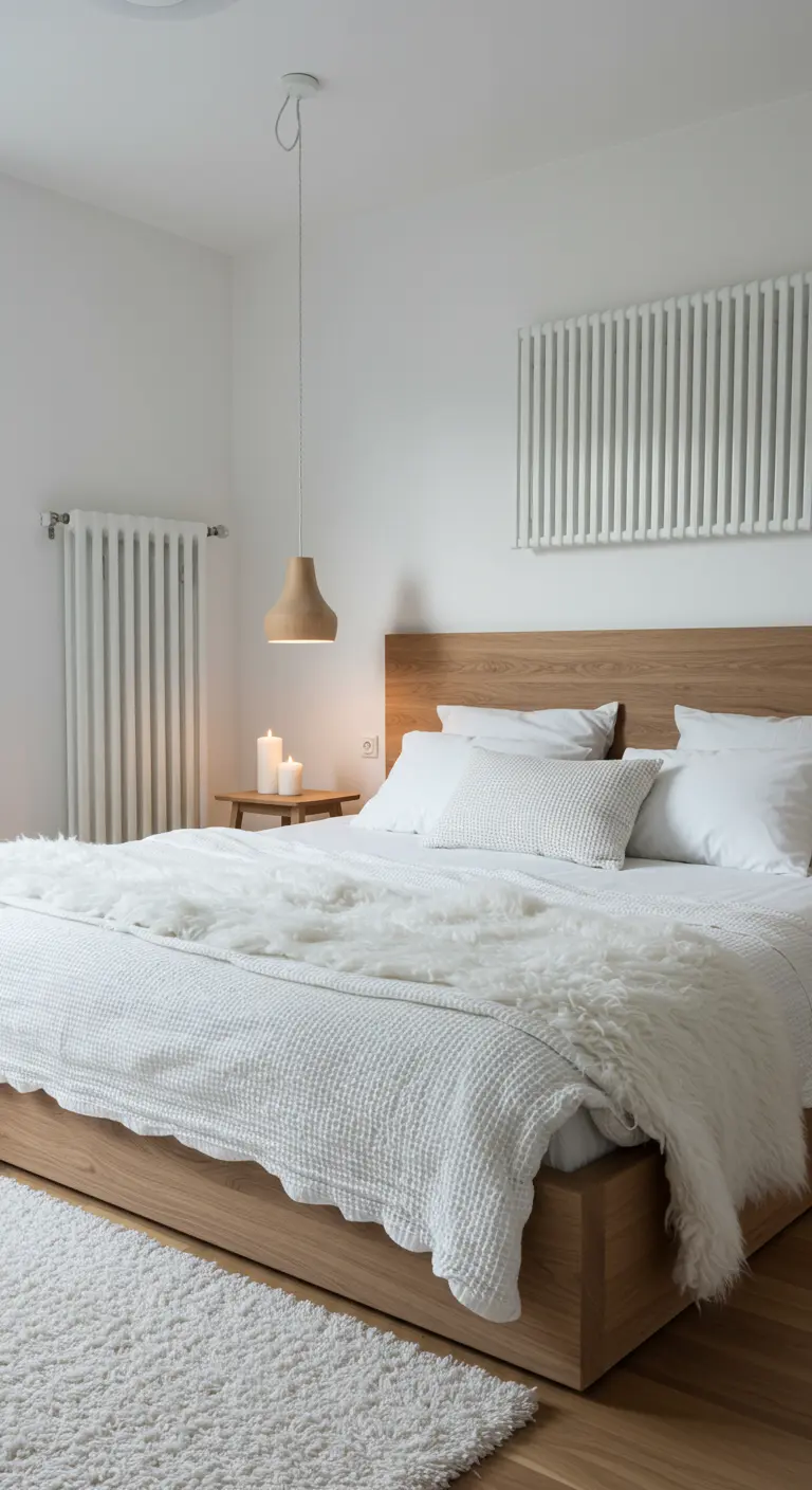 Chambre scandinave blanche et épurée avec des textures de fourrure et de tricot.