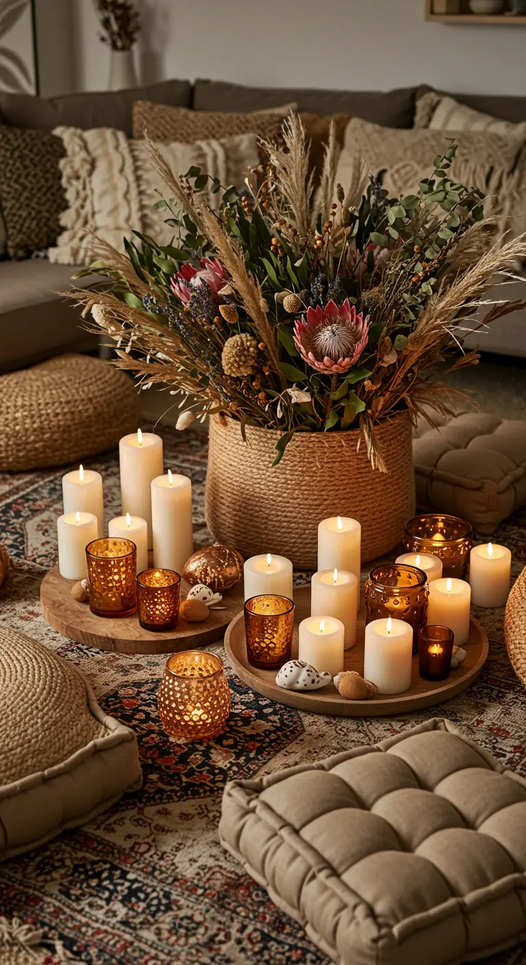 Ambiance bohème avec coussins au sol, grand bouquet de fleurs séchées et nombreuses bougies sur plateaux en bois.