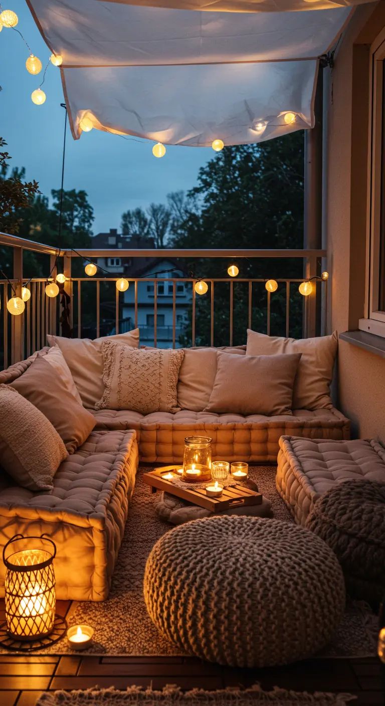 Balcon avec canapé modulable au sol, voilage au plafond, guirlandes et bougies.
