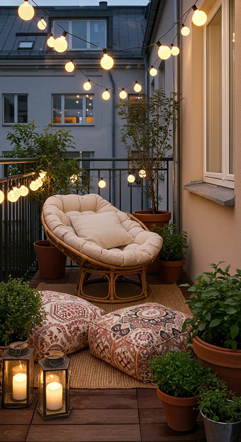 Balcon cosy avec fauteuil Papasan, coussins colorés et guirlande lumineuse scintillante.
