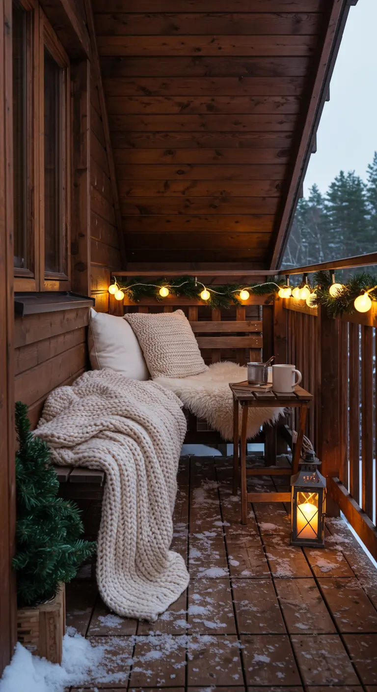 Balcon en bois aménagé pour l'hiver avec plaid, coussins et guirlandes lumineuses.