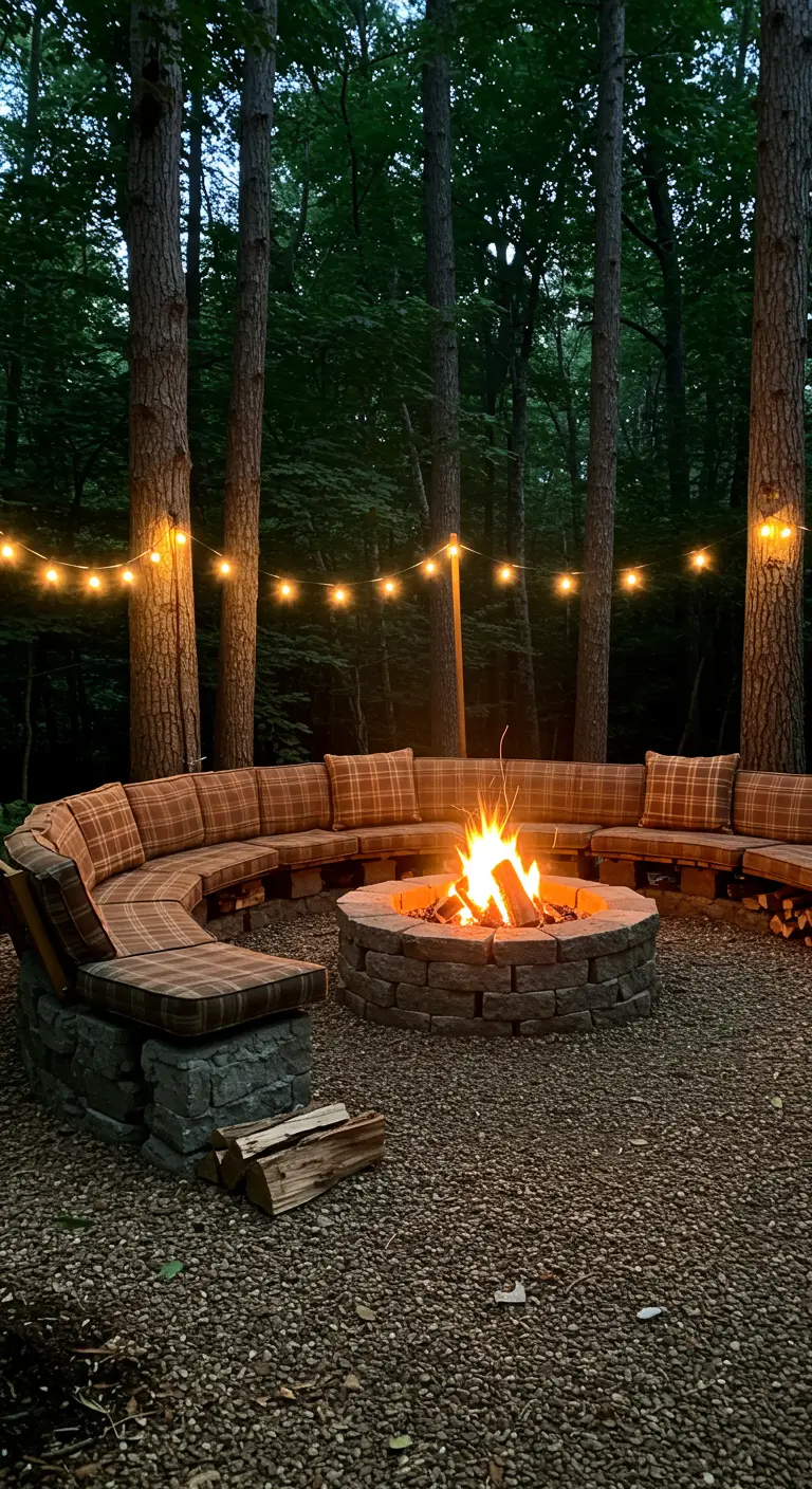 Coin feu rustique dans une forêt avec des banquettes incurvées, coussins écossais, et guirlandes lumineuses.