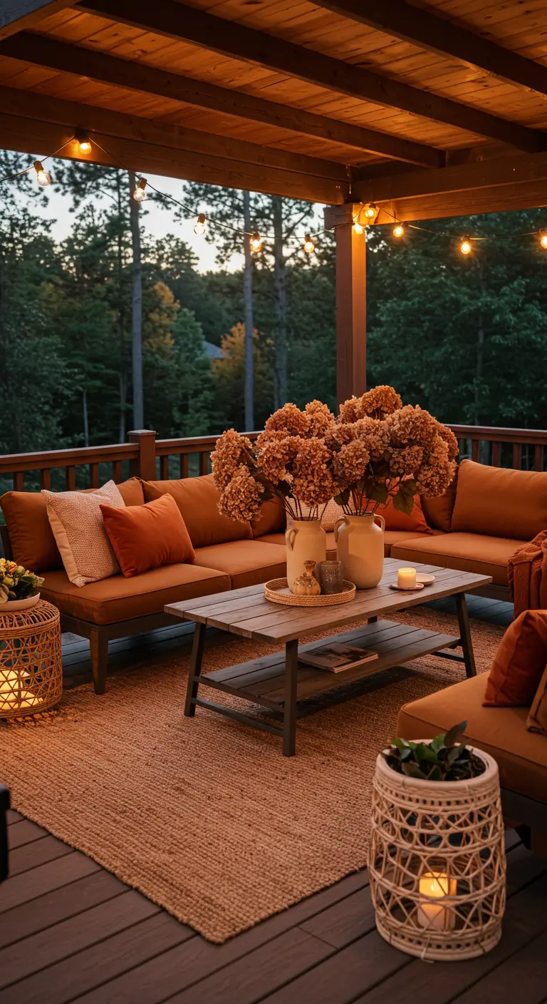 Terrasse couverte avec canapé d'angle, tapis en jute et guirlandes lumineuses.