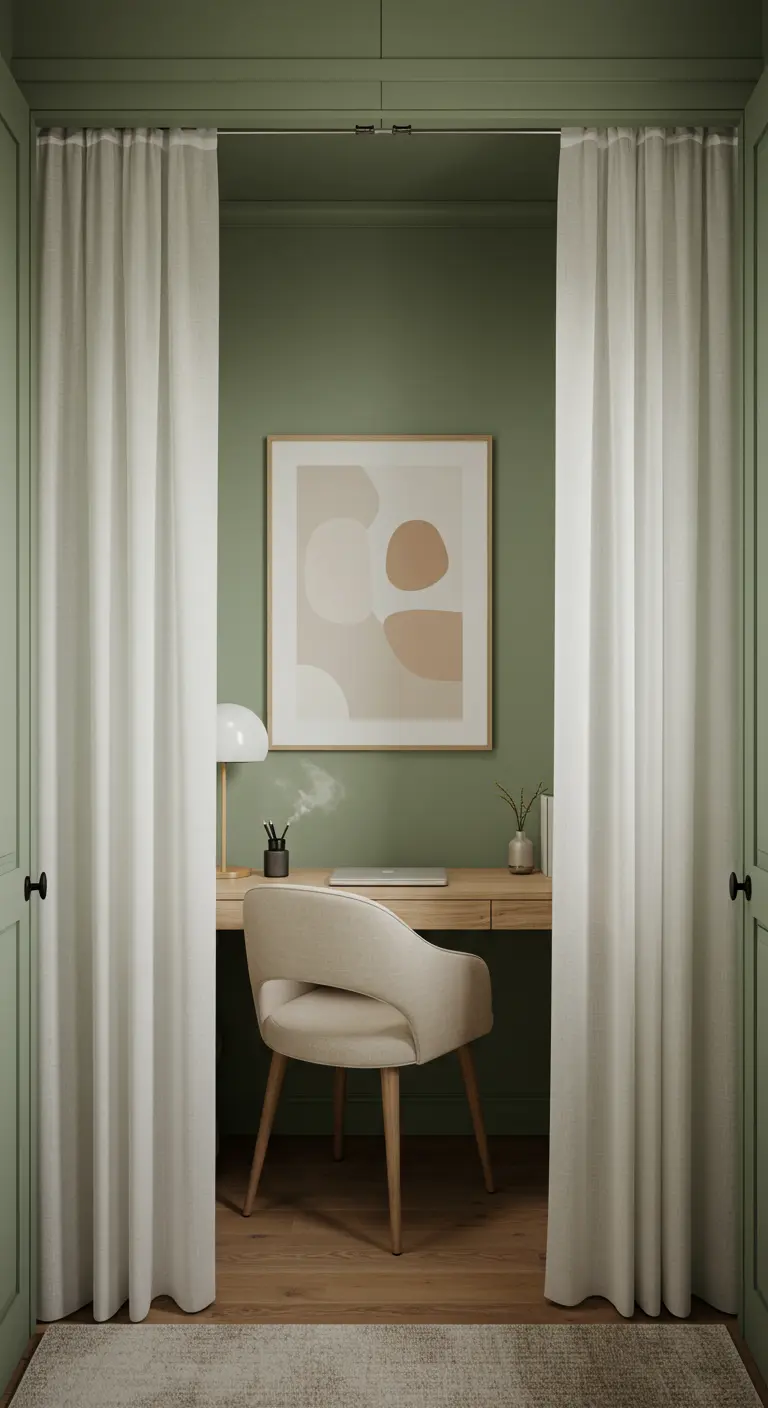 Bureau dans un placard vert sauge, dissimulé par des rideaux en lin blanc.