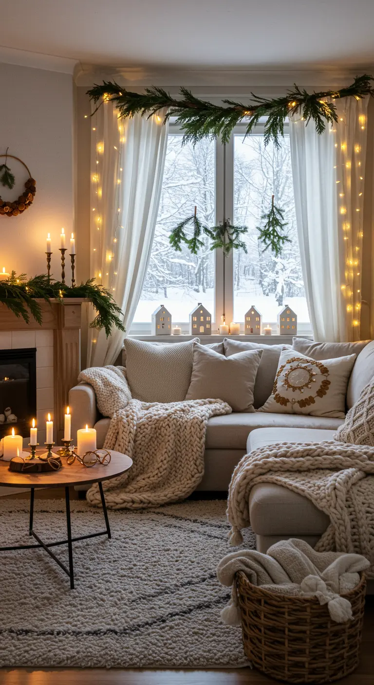 Salon cocooning avec canapé beige, plaids en grosse maille et guirlandes à la fenêtre.