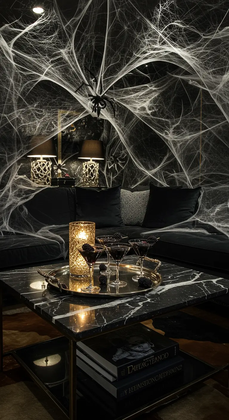 Salon entièrement recouvert de toiles d'araignée pour une ambiance Halloween immersive.