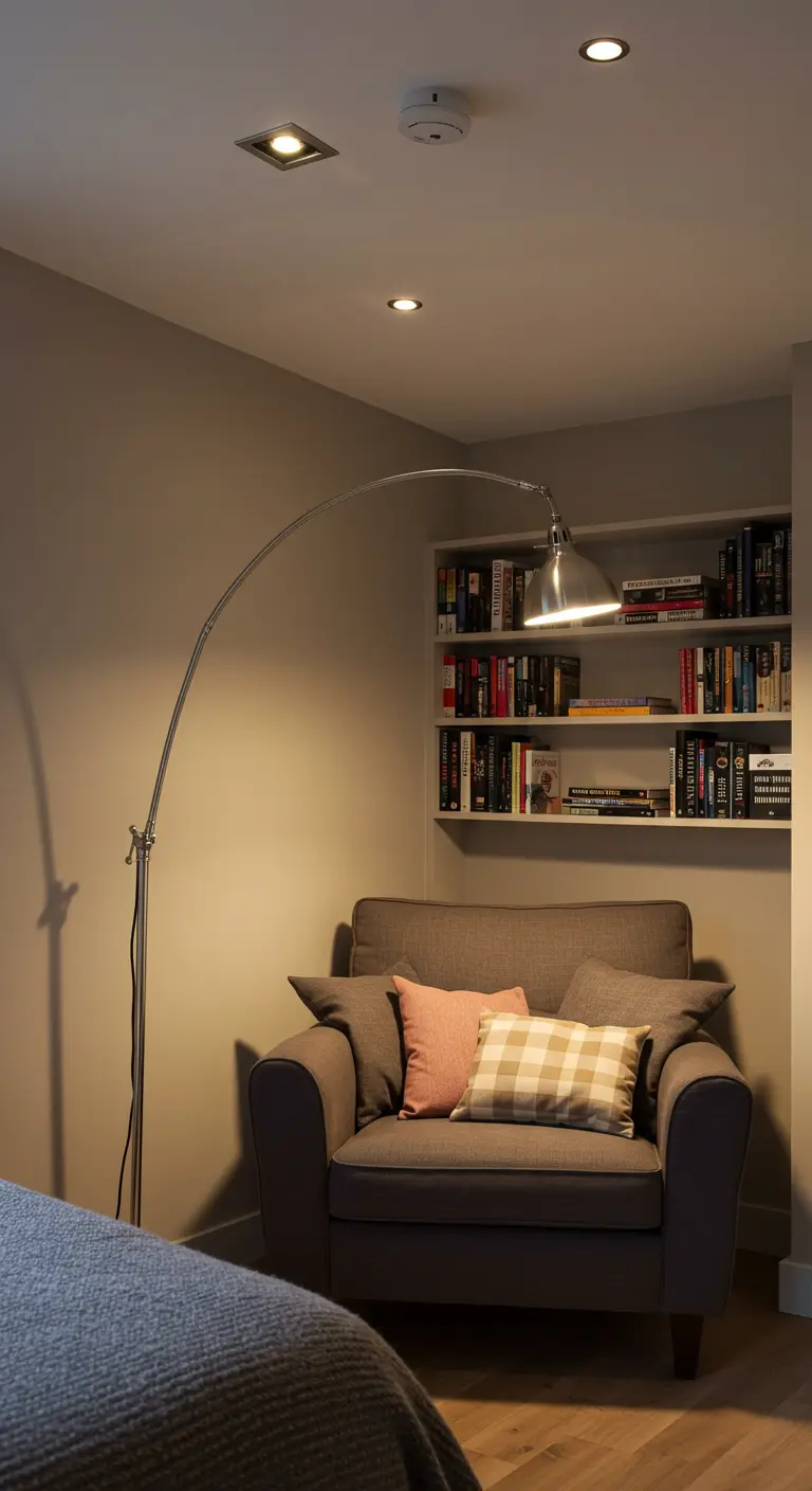 Coin lecture avec fauteuil, bibliothèque et un lampadaire arc en métal.