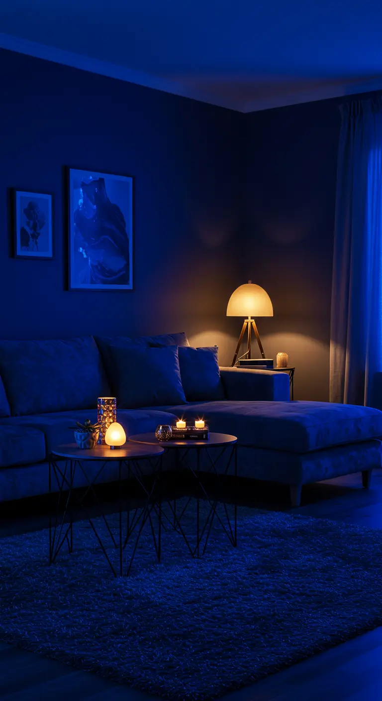 Un salon plongé dans une lumière bleue profonde avec une lampe d'appoint chaude.