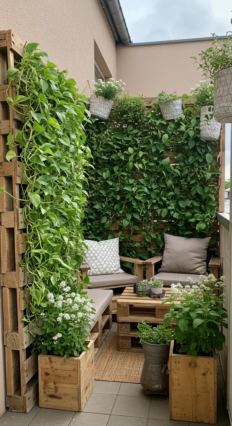 Balcon intime entouré de murs de palettes recouverts de plantes grimpantes.