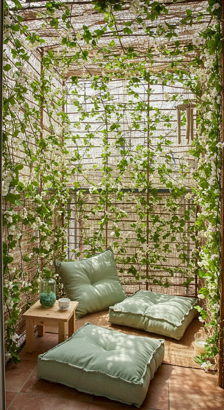 Balcon entièrement recouvert de plantes grimpantes créant un cocon végétal.