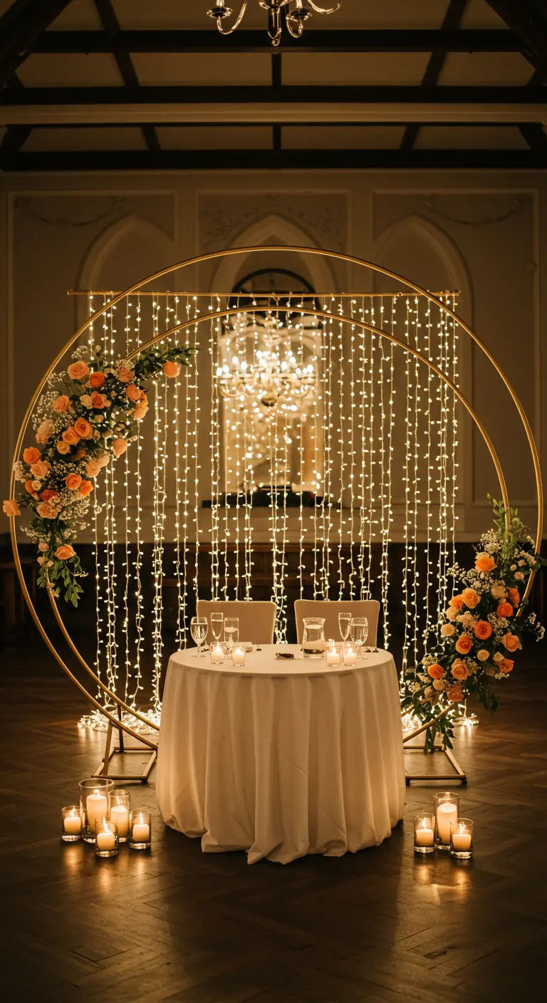 Double arche circulaire dorée avec lumières et fleurs derrière une table de mariage.