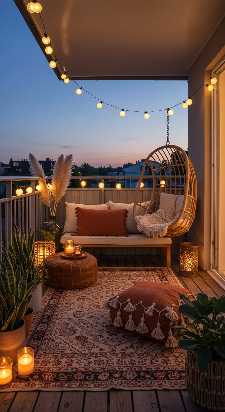 Balcon bohème au crépuscule avec fauteuil suspendu, tapis et guirlandes lumineuses.