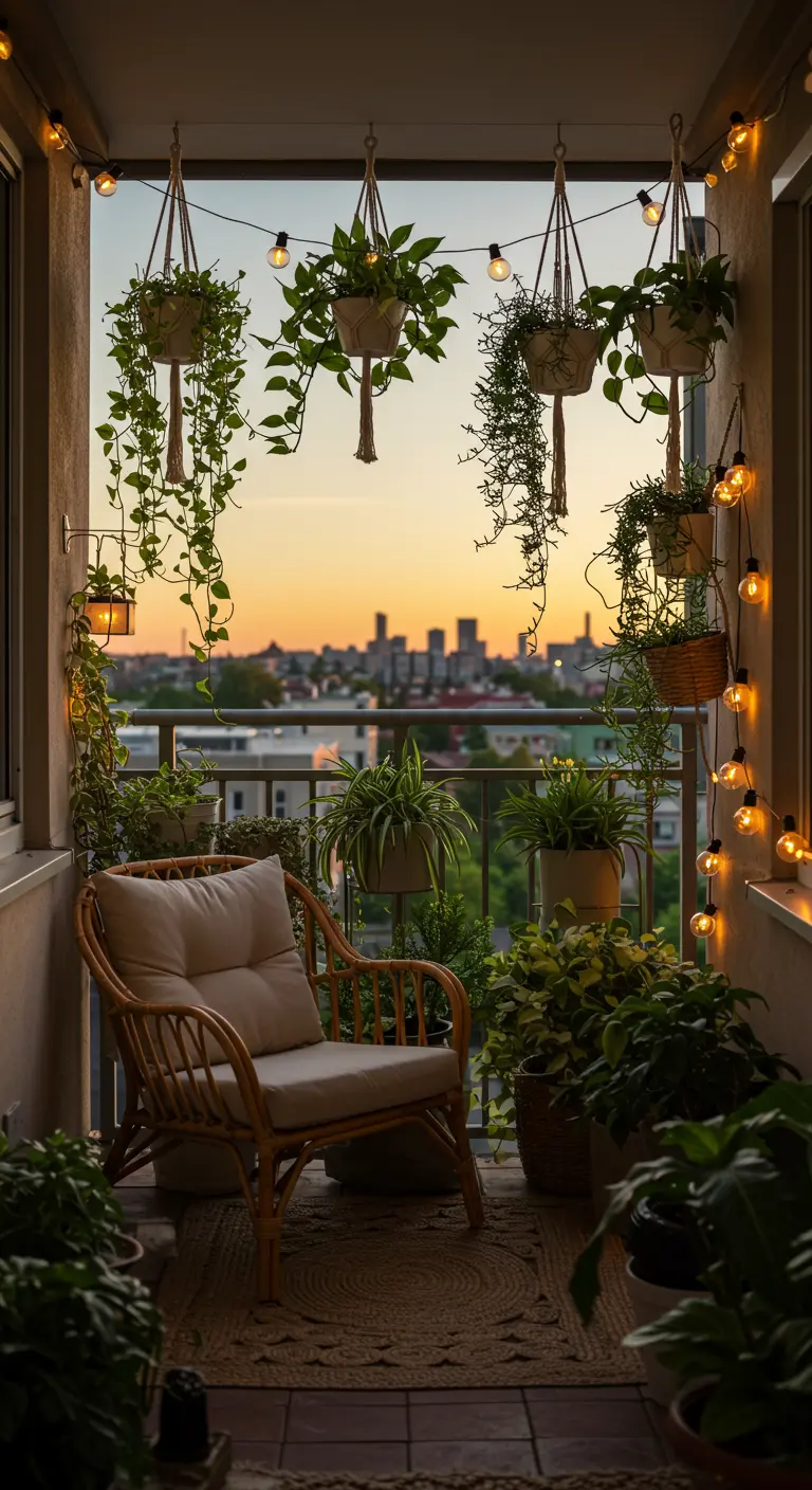 Balcon cosy au crépuscule avec fauteuil en rotin et plantes suspendues.