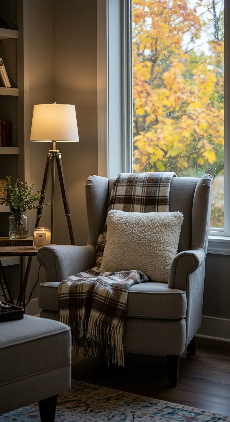 Fauteuil gris avec plaid à carreaux et coussin en sherpa près d'une fenêtre.